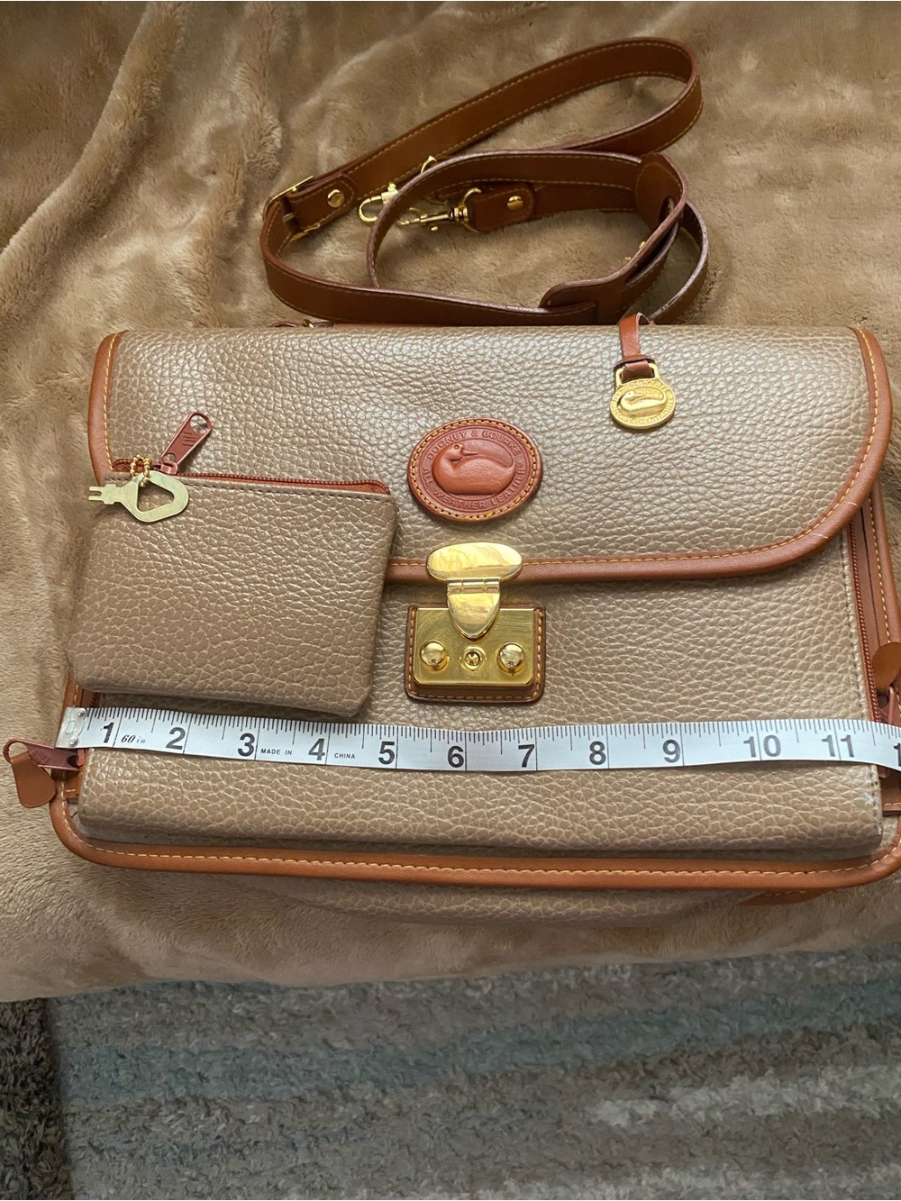 Dooney & Burke Pebbled Taupe Satchel Turn Lock with Tan Trim and Gold Hardware - Picture 3 of 16